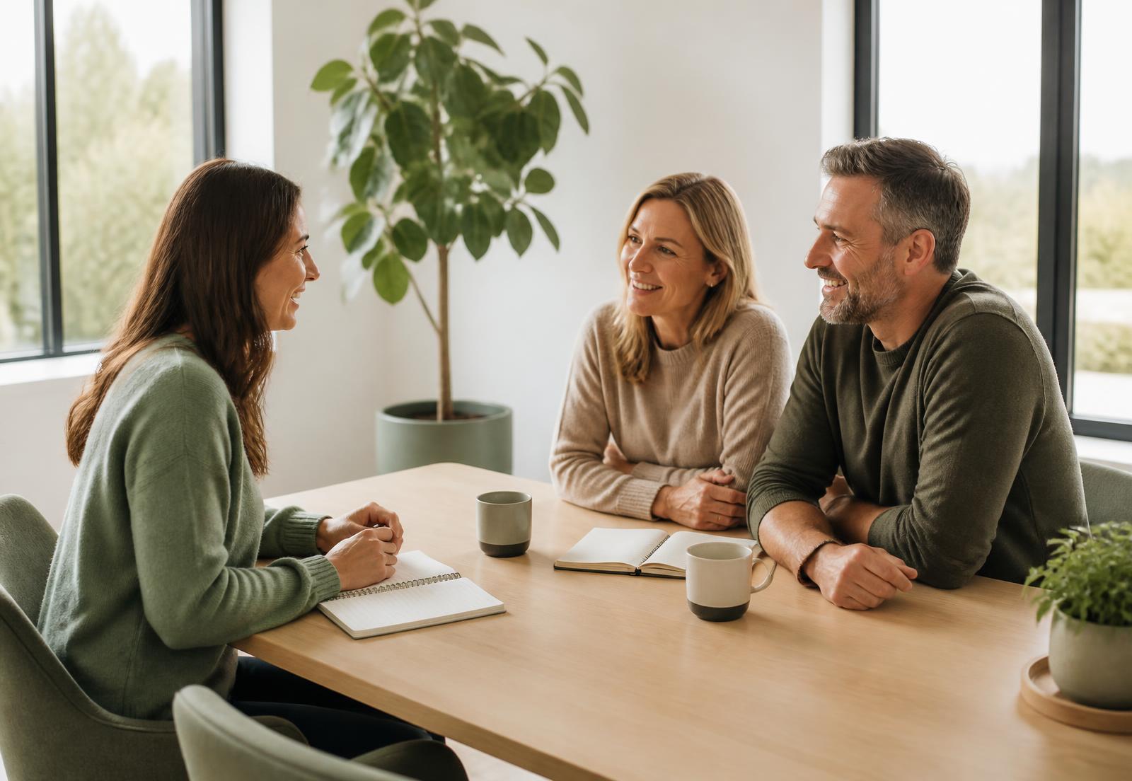 An advisor in conversation with a couple across a table