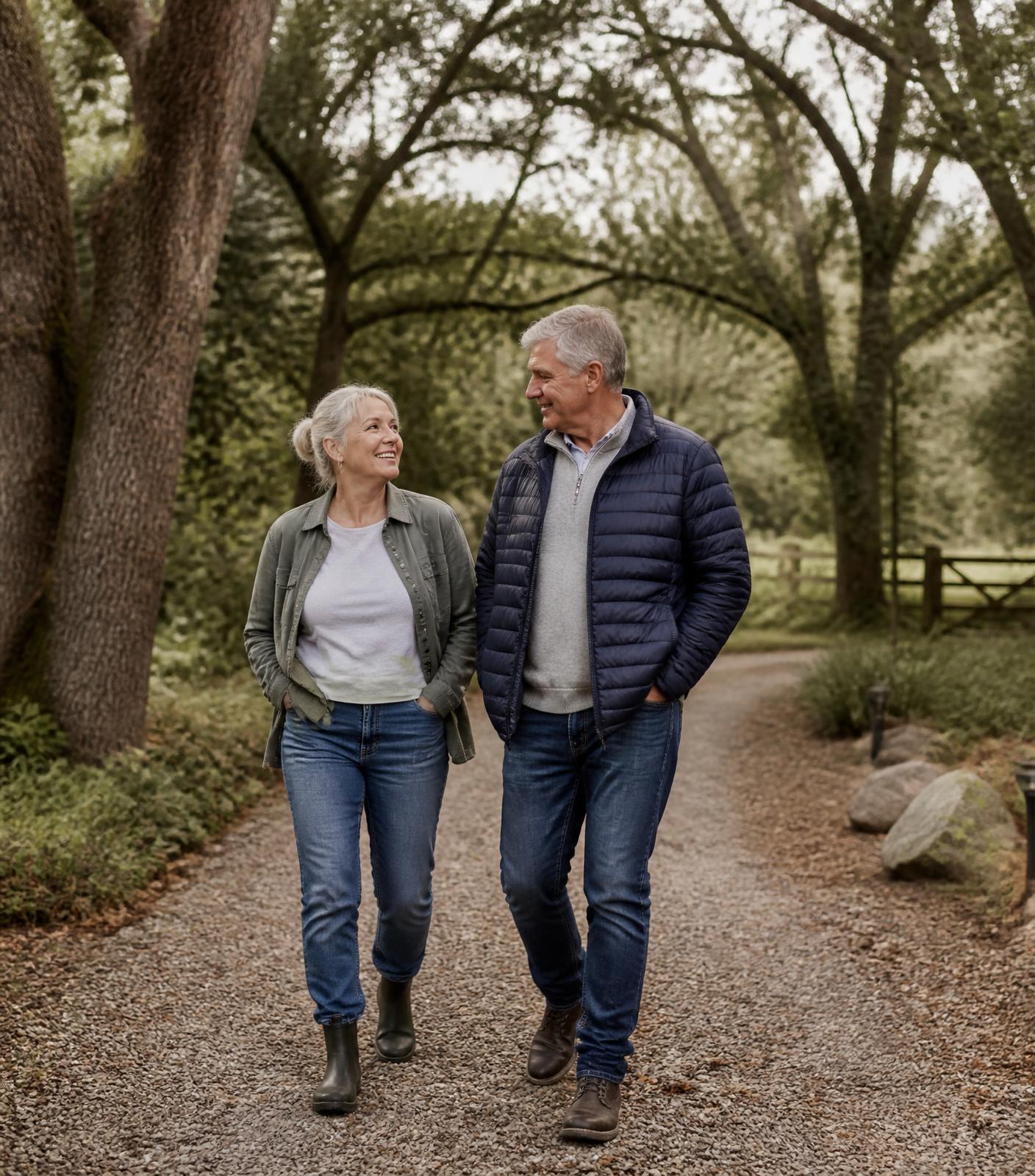 A couple walking a path through a grove of trees